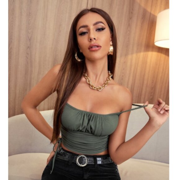 Tops - Green Ruched Drawstring  Adjustable Crop Tank